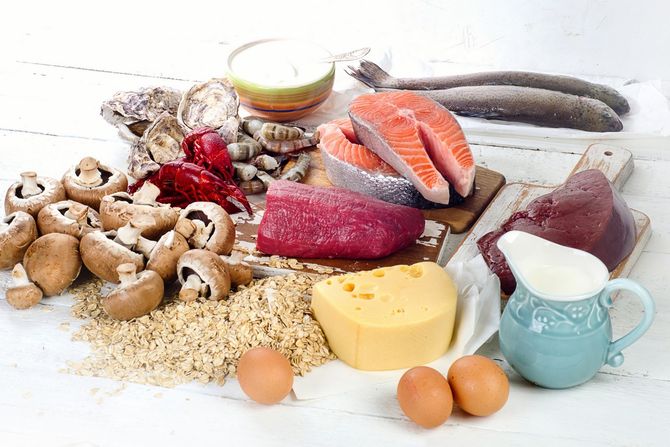 Vitamini, zdrava hrana, pečurke, meso, sir, jaja, losos