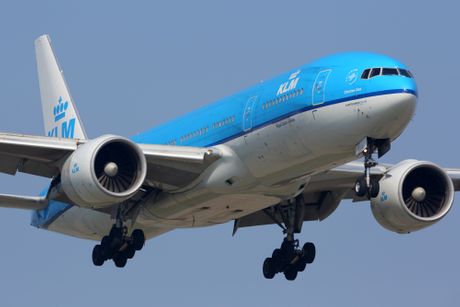 KLM B777 Boeing 777-200 of KLM Royal Dutch Airlines landing at Schiphol international airport KLM B777 Boeing 777-200 of KLM Royal Dutch Airlines landing at Schiphol international airport