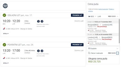 Upoređivanje cena British Airwaysa, Wizz Aira i Air Serbie