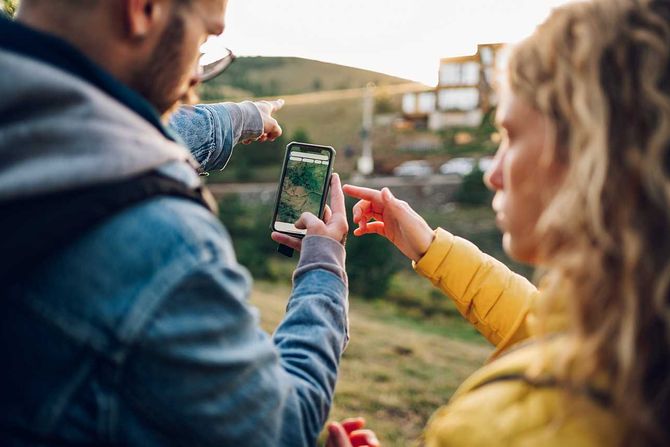 navigacija, muškarac, žena, šetnja