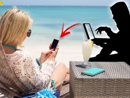 plaža, žena, telefon, haker