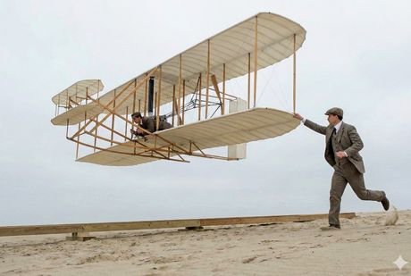 Prvi let braće Rajt na Flyer-u 17. decembra 1903. u Kill Devil Hills, AI generisana ilustracija