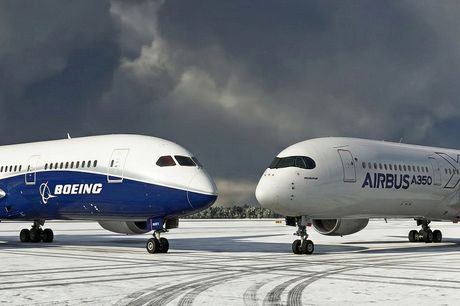 Boeing 787 Dreamliner i Airbus A350 jedan naspram drugog, simbolizujući rivalstvo u narudžbinama i isporukama 2025 (AI ilustracija)