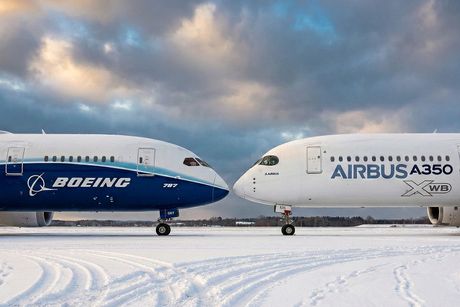 Boeing 787 Dreamliner i Airbus A350 jedan naspram drugog, simbolizujući rivalstvo u narudžbinama i isporukama 2025 (AI ilustracija)