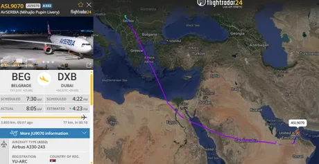 JU9070, specijalni let Er Srbije za Dubai